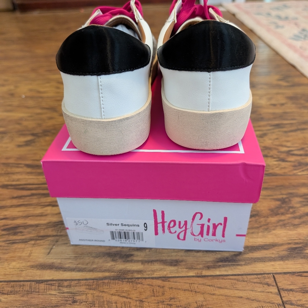 NIB Corkys Hey Girl Pink and Silver Sneakers with Glittery Accents - Picture 4 of 5